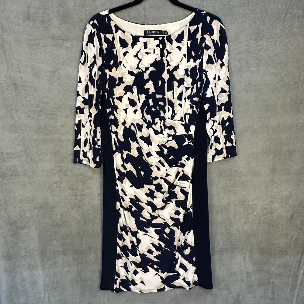 Lauren Ralph Lauren Dress Women 12 Navy Stretch Ruched Midi Church Career Preppy
